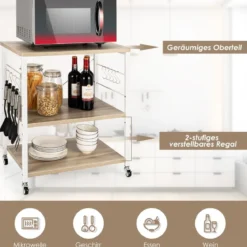 3 Ebenen Servierwagen Rollwagen mit Verstellbarer Ablage & 10 abnehmbaren Haken Natur/Braun