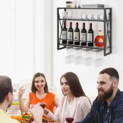 3 Ebenen Wand-Weinregal aus Metall mit Glashalter Industrial Design Rustikales Braun