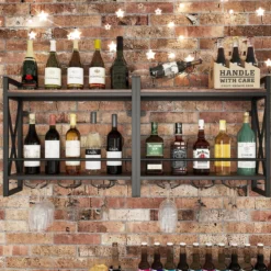 2 Ebenen Wand-Weinregal mit 3 Stielglas-Haltern Flaschenregal Holz mit Metallrahmen