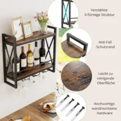 2 Ebenen Wand-Weinregal mit 3 Stielglas-Haltern Flaschenregal Holz mit Metallrahmen