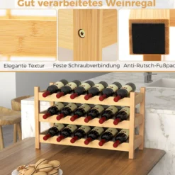 3 Ebenen Weinregal Bambus Weinständer für 18 Flaschen 62 x 24 x 38 cm Natur