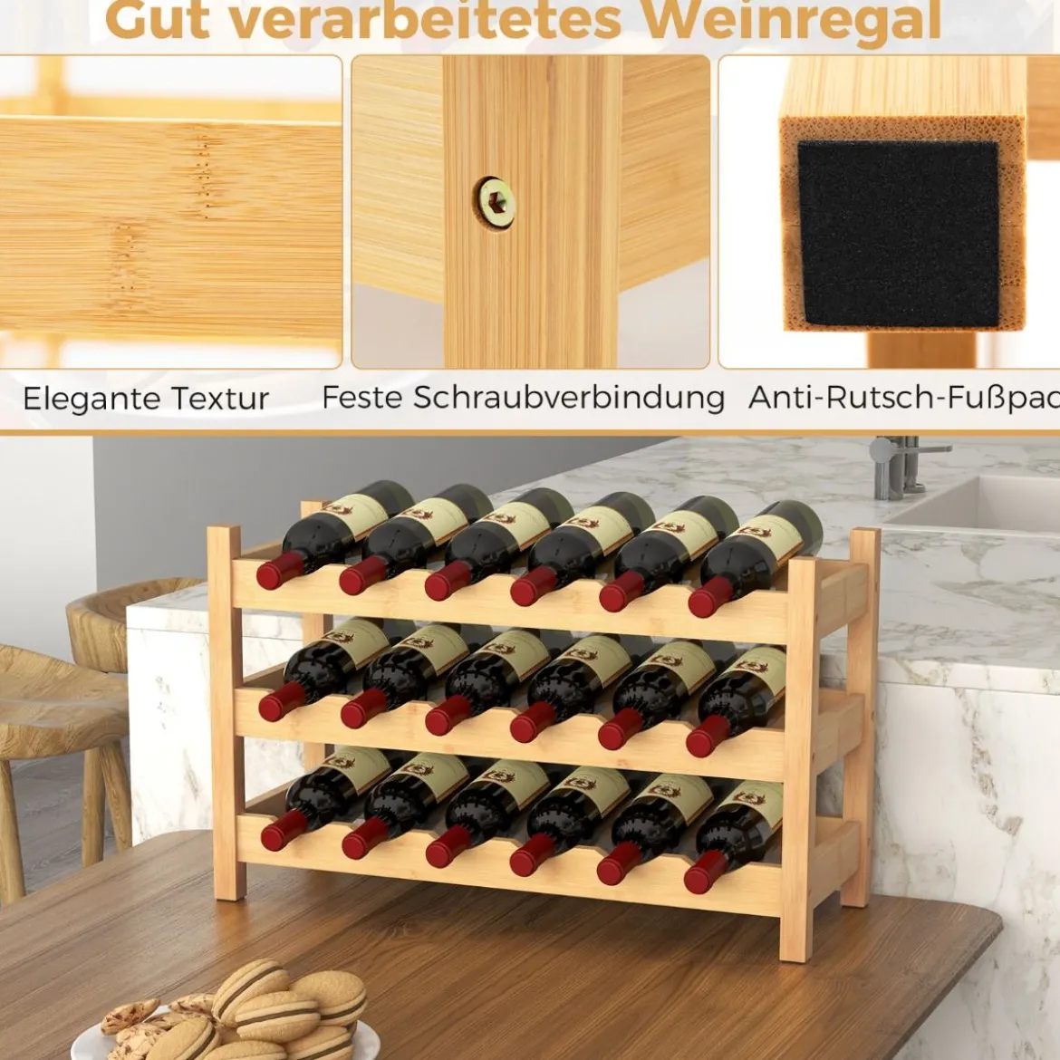 3 Ebenen Weinregal Bambus Weinständer für 18 Flaschen 62 x 24 x 38 cm Natur