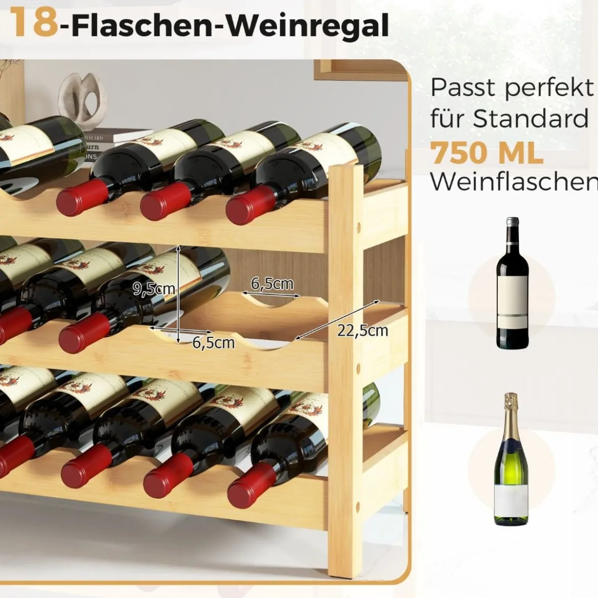 3 Ebenen Weinregal Bambus Weinständer für 18 Flaschen 62 x 24 x 38 cm Natur