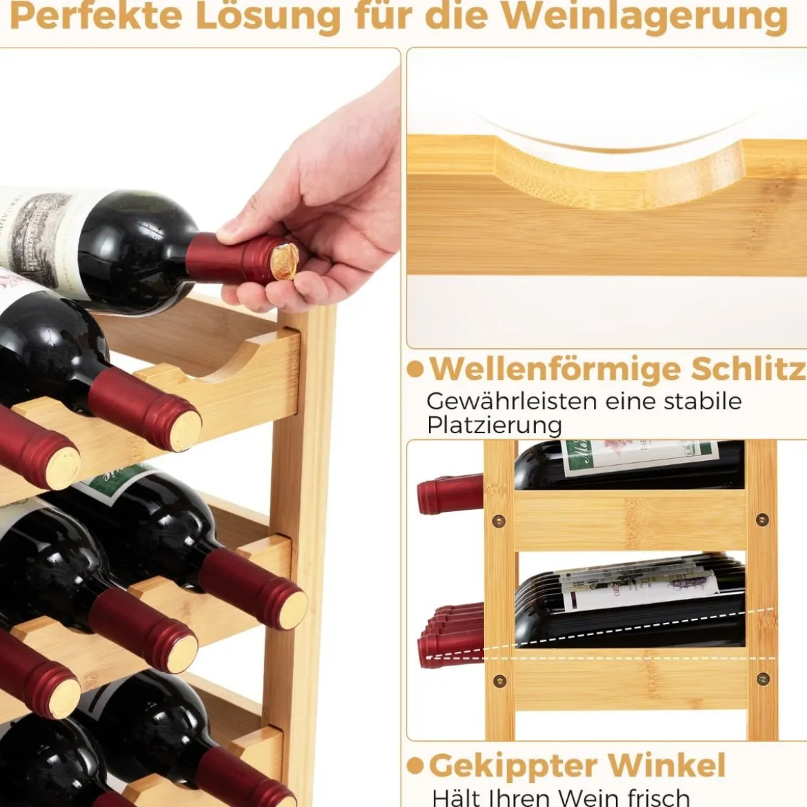 3 Ebenen Weinregal Bambus Weinständer für 18 Flaschen 62 x 24 x 38 cm Natur