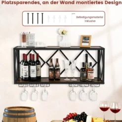 2 Ebenen Weinregal Wand mit Metallrahmen & 6 Reihen Weingläserhalter aus Holz Flaschenregal