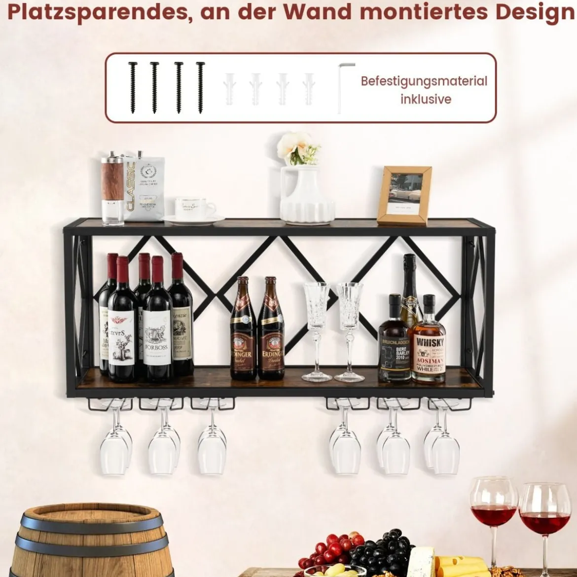 2 Ebenen Weinregal Wand mit Metallrahmen & 6 Reihen Weingläserhalter aus Holz Flaschenregal