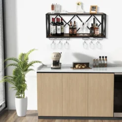 2 Ebenen Weinregal Wand mit Metallrahmen & 6 Reihen Weingläserhalter aus Holz Flaschenregal