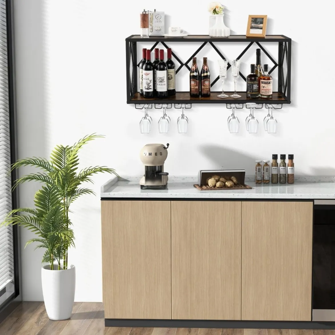 2 Ebenen Weinregal Wand mit Metallrahmen & 6 Reihen Weingläserhalter aus Holz Flaschenregal