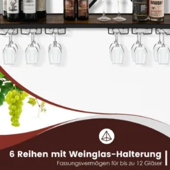 2 Ebenen Weinregal Wand mit Metallrahmen & 6 Reihen Weingläserhalter aus Holz Flaschenregal