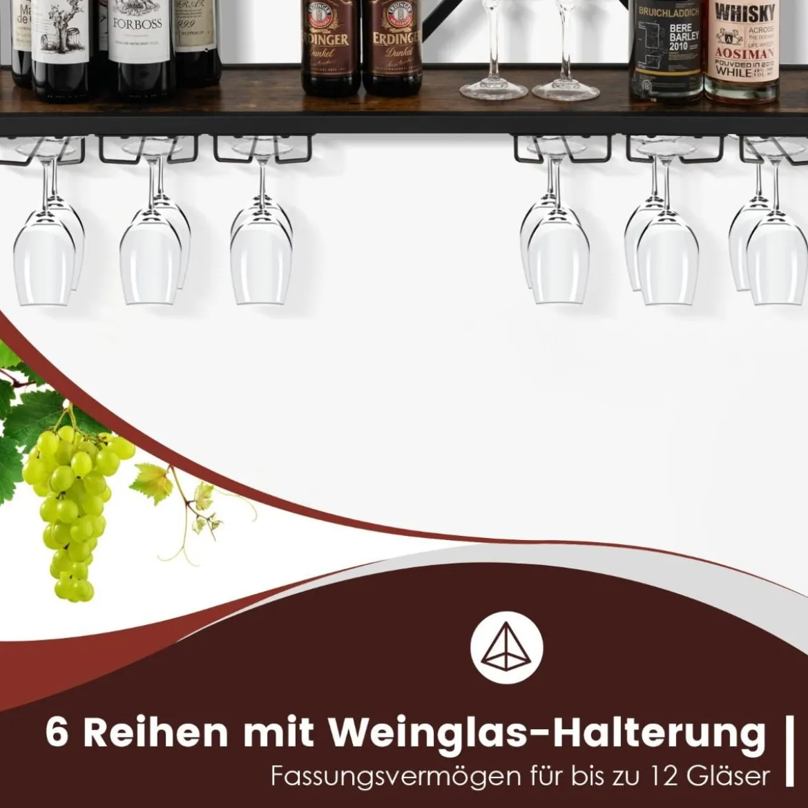 2 Ebenen Weinregal Wand mit Metallrahmen & 6 Reihen Weingläserhalter aus Holz Flaschenregal