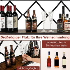 2 Ebenen Weinregal Wand mit Metallrahmen & 6 Reihen Weingläserhalter aus Holz Flaschenregal