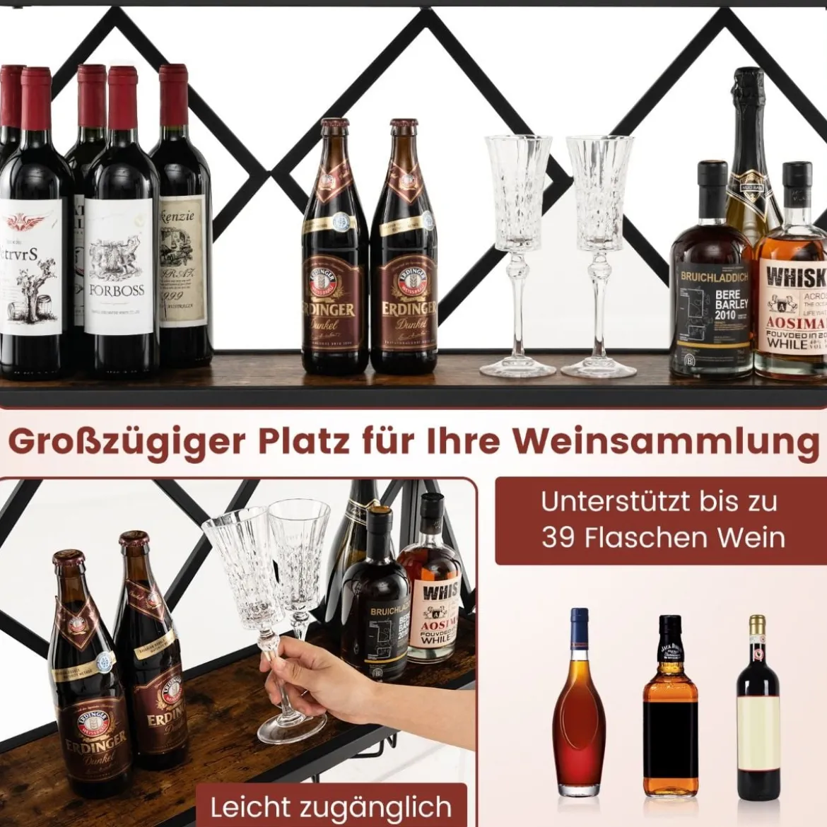 2 Ebenen Weinregal Wand mit Metallrahmen & 6 Reihen Weingläserhalter aus Holz Flaschenregal