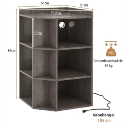 Eck-Bücherregal mit Ladestation Eckregal mit 9 Fächern & 1 USB-Anschluss & 2 Steckdosen
