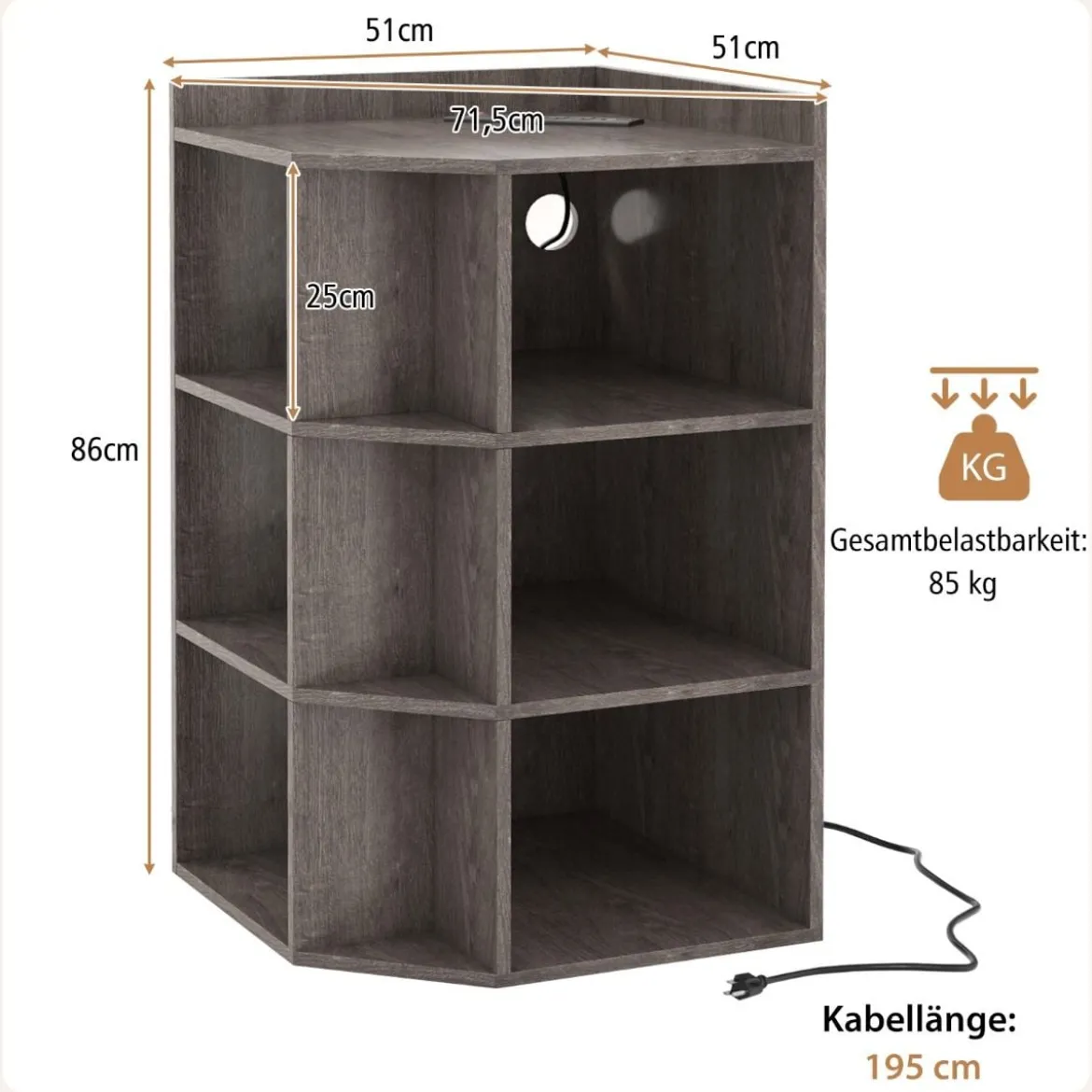 Eck-Bücherregal mit Ladestation Eckregal mit 9 Fächern & 1 USB-Anschluss & 2 Steckdosen