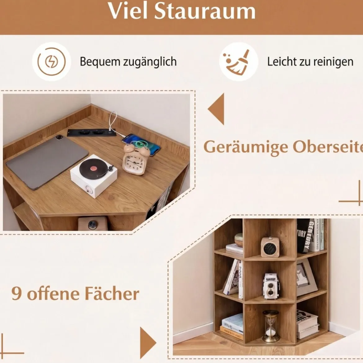 Eck-Bücherregal mit Ladestation Eckregal mit 9 Fächern & 1 USB-Anschluss & 2 Steckdosen