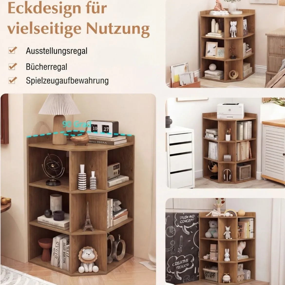 Eck-Bücherregal mit Ladestation Eckregal mit 9 Fächern & 1 USB-Anschluss & 2 Steckdosen