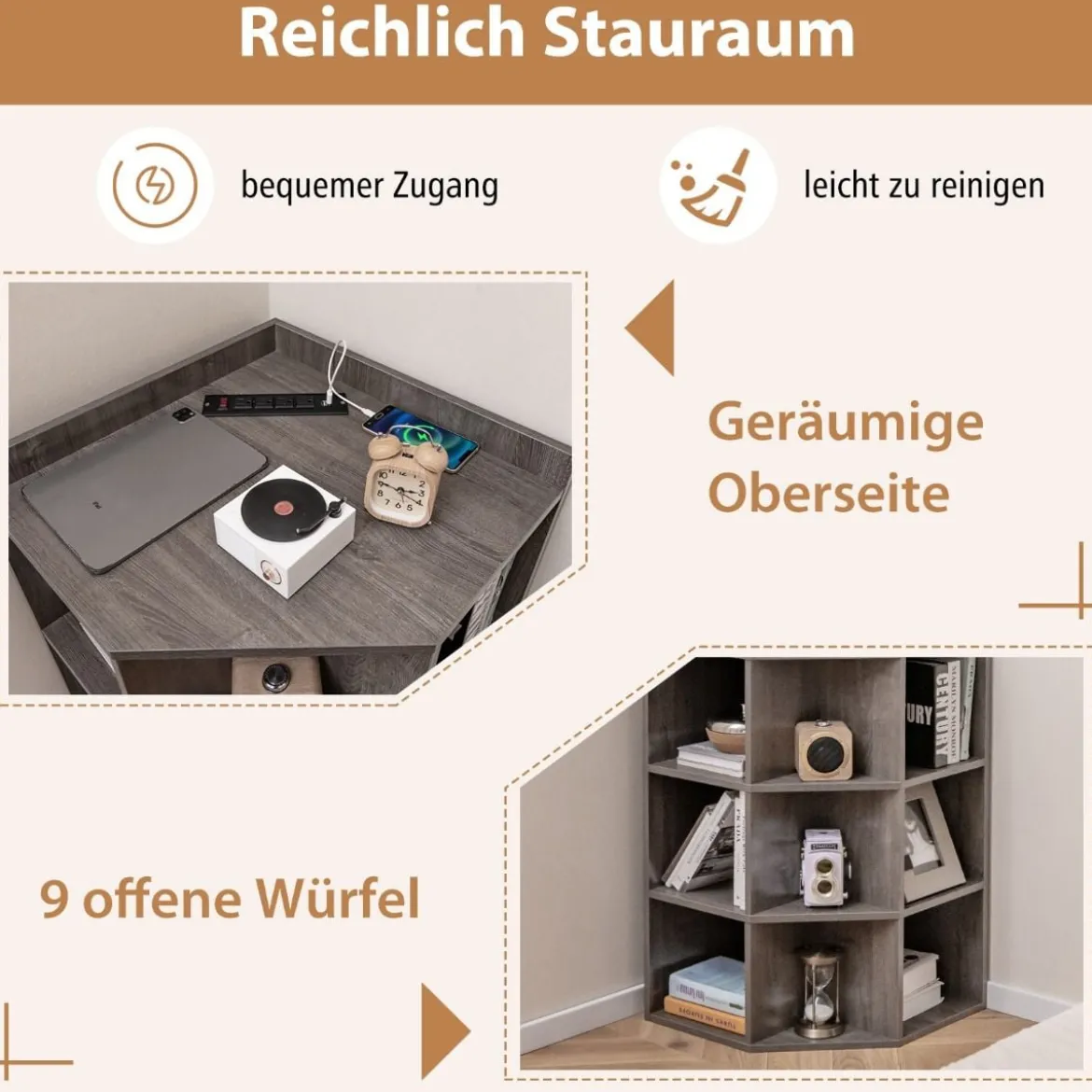 Eck-Bücherregal mit Ladestation Eckregal mit 9 Fächern & 1 USB-Anschluss & 2 Steckdosen