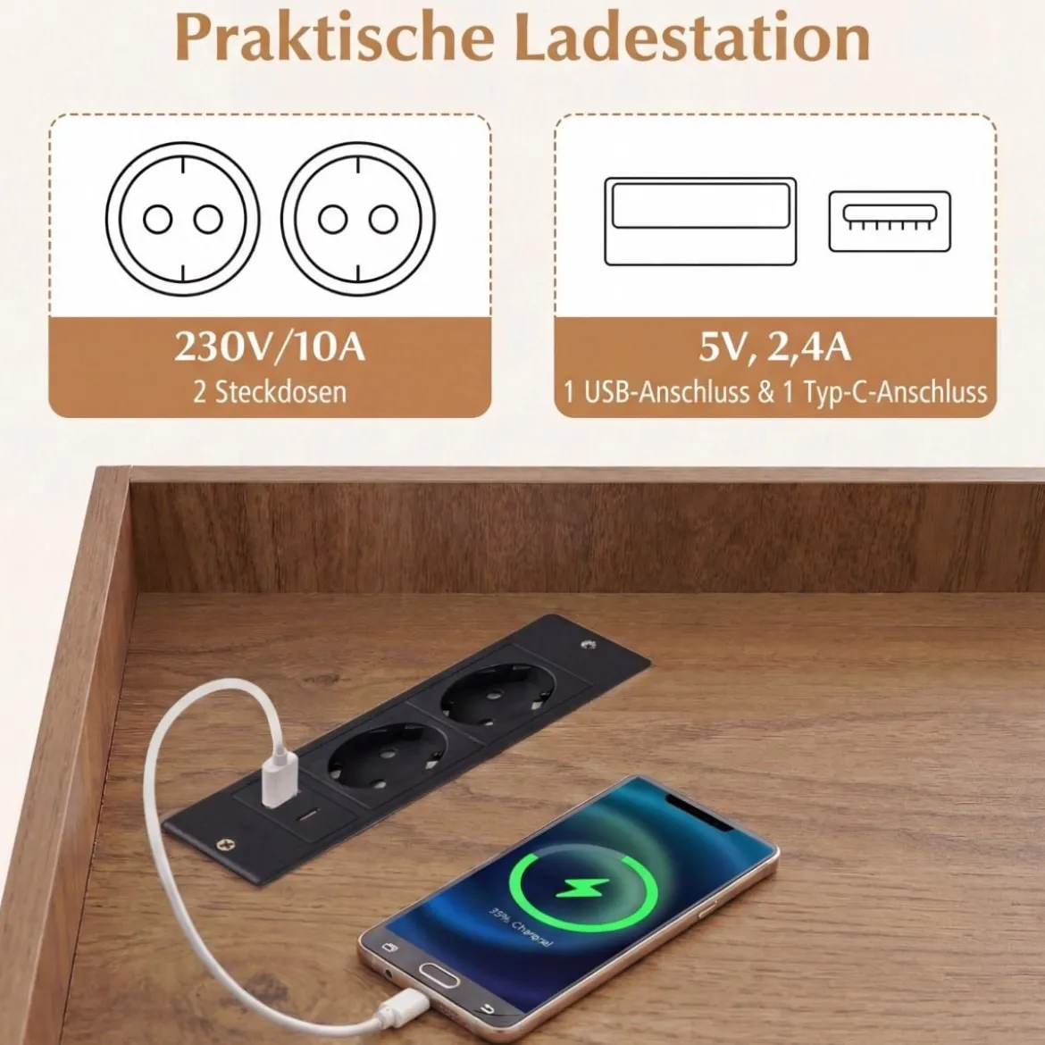 Eck-Bücherregal mit Ladestation Eckregal mit 9 Fächern & 1 USB-Anschluss & 2 Steckdosen