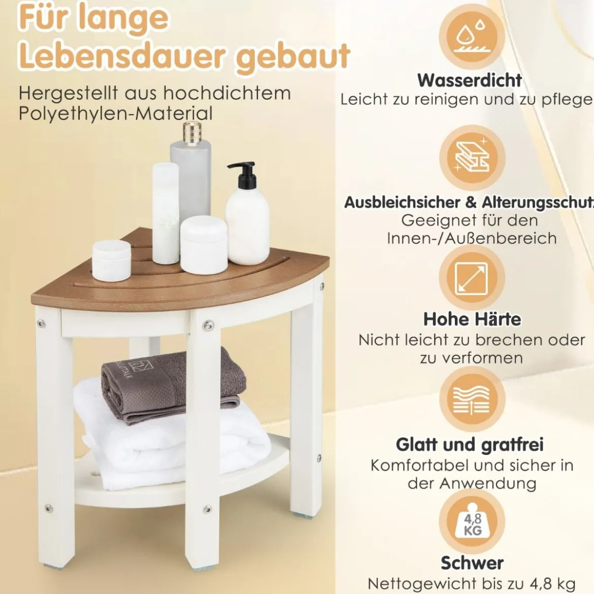 Eck-Duschhocker Wasserdichte Badezimmer-Fußstütze mit Ablagefläche Weiß