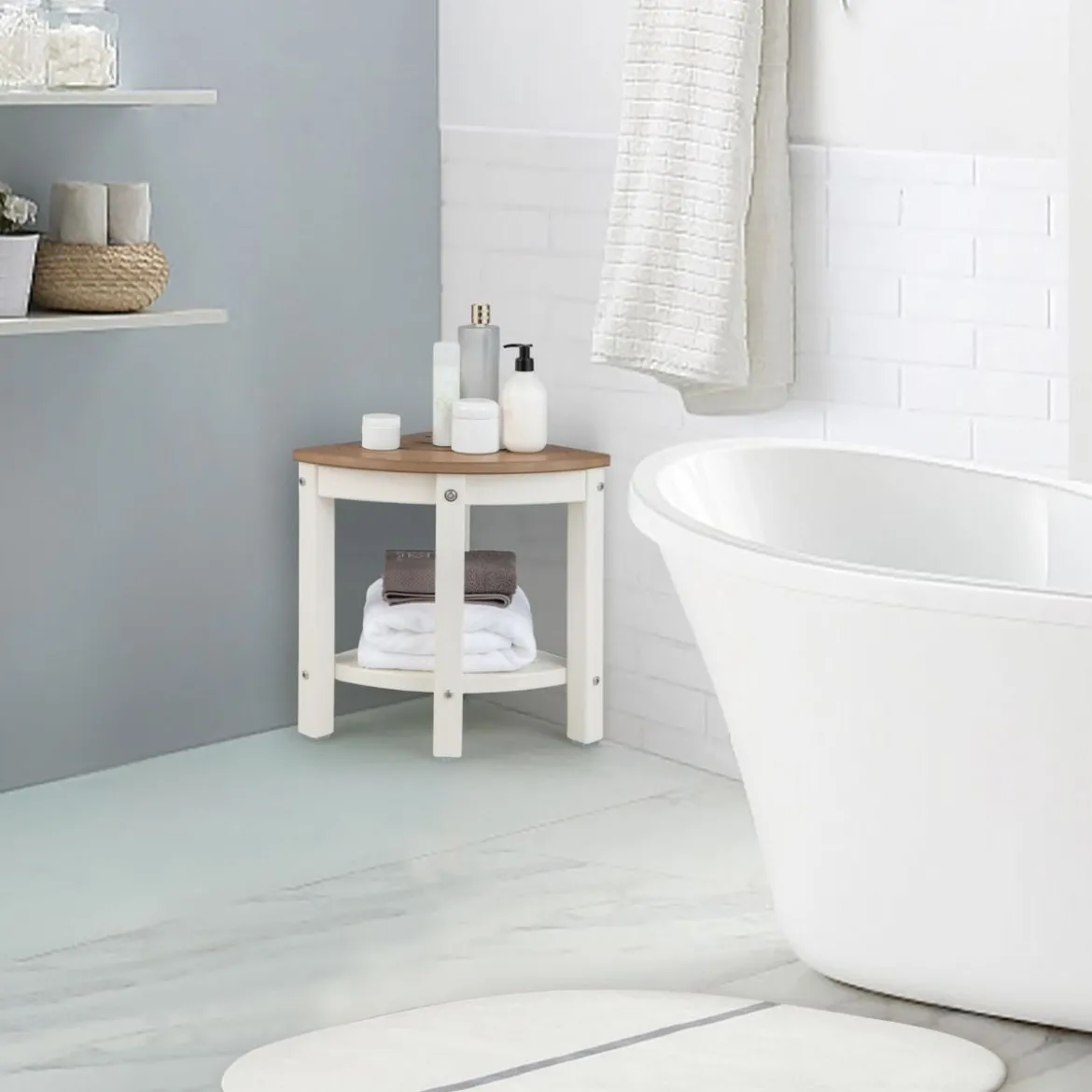 Eck-Duschhocker Wasserdichte Badezimmer-Fußstütze mit Ablagefläche Weiß