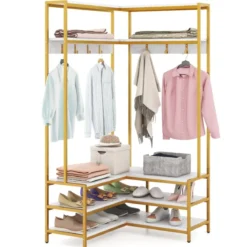 Eck-Garderobenständer mit Sitzbank L-förmiger Kleiderständer mit offenen Ablagen 90 x 90 x 178 cm Rustikales Braun/Walnuss/Weiß