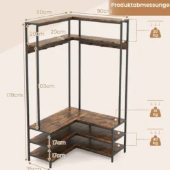Eck-Garderobenständer mit Sitzbank L-förmiger Kleiderständer mit offenen Ablagen 90 x 90 x 178 cm Rustikales Braun/Walnuss/Weiß