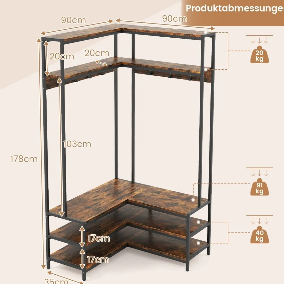 Eck-Garderobenständer mit Sitzbank L-förmiger Kleiderständer mit offenen Ablagen 90 x 90 x 178 cm Rustikales Braun/Walnuss/Weiß