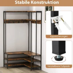 Eck-Garderobenständer mit Sitzbank L-förmiger Kleiderständer mit offenen Ablagen 90 x 90 x 178 cm Rustikales Braun/Walnuss/Weiß