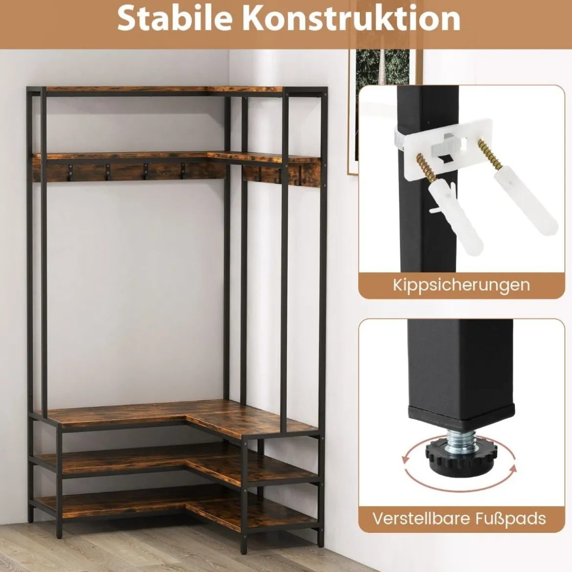 Eck-Garderobenständer mit Sitzbank L-förmiger Kleiderständer mit offenen Ablagen 90 x 90 x 178 cm Rustikales Braun/Walnuss/Weiß