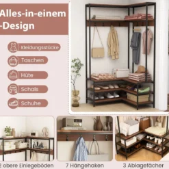 Eck-Garderobenständer mit Sitzbank L-förmiger Kleiderständer mit offenen Ablagen 90 x 90 x 178 cm Rustikales Braun/Walnuss/Weiß