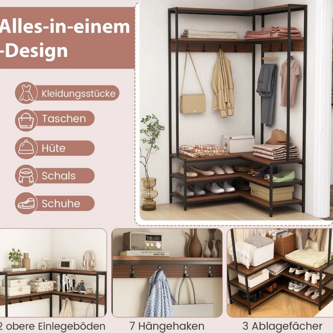 Eck-Garderobenständer mit Sitzbank L-förmiger Kleiderständer mit offenen Ablagen 90 x 90 x 178 cm Rustikales Braun/Walnuss/Weiß