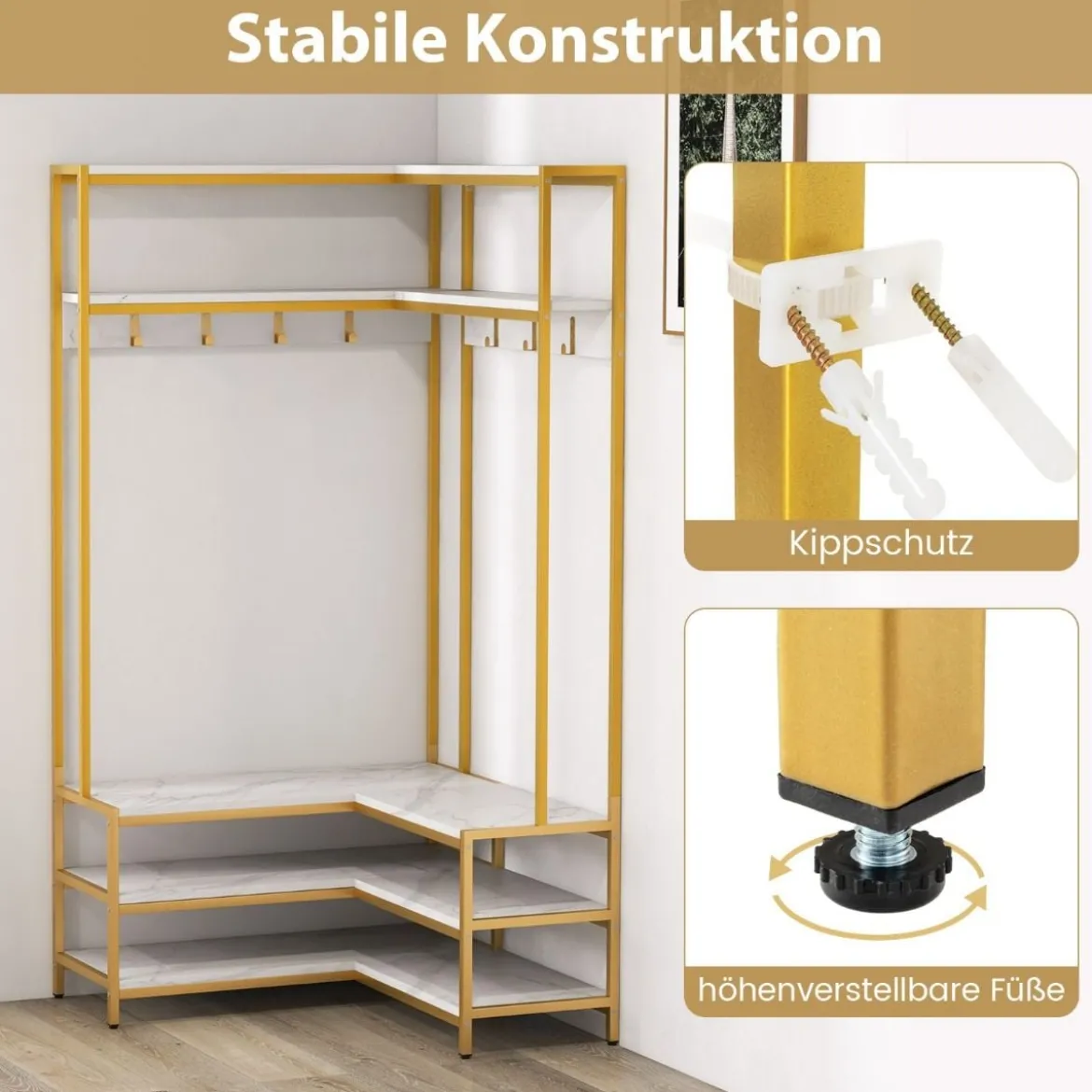 Eck-Garderobenständer mit Sitzbank L-förmiger Kleiderständer mit offenen Ablagen 90 x 90 x 178 cm Rustikales Braun/Walnuss/Weiß