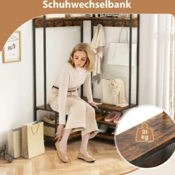Eck-Garderobenständer mit Sitzbank L-förmiger Kleiderständer mit offenen Ablagen 90 x 90 x 178 cm Rustikales Braun/Walnuss/Weiß