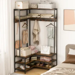 Eck-Garderobenständer mit Sitzbank L-förmiger Kleiderständer mit offenen Ablagen 90 x 90 x 178 cm Rustikales Braun/Walnuss/Weiß