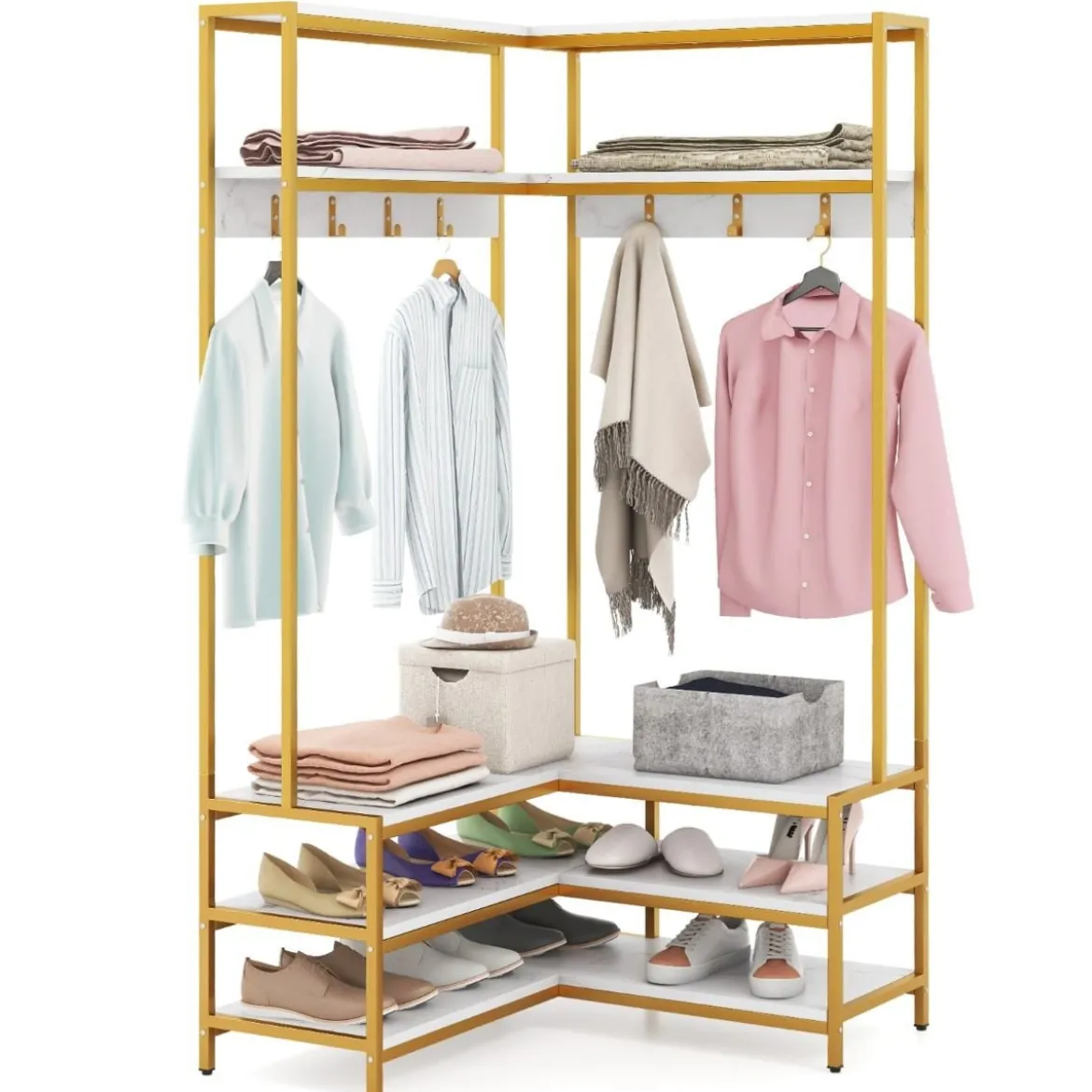 Eck-Garderobenständer mit Sitzbank L-förmiger Kleiderständer mit offenen Ablagen 90 x 90 x 178 cm Rustikales Braun/Walnuss/Weiß