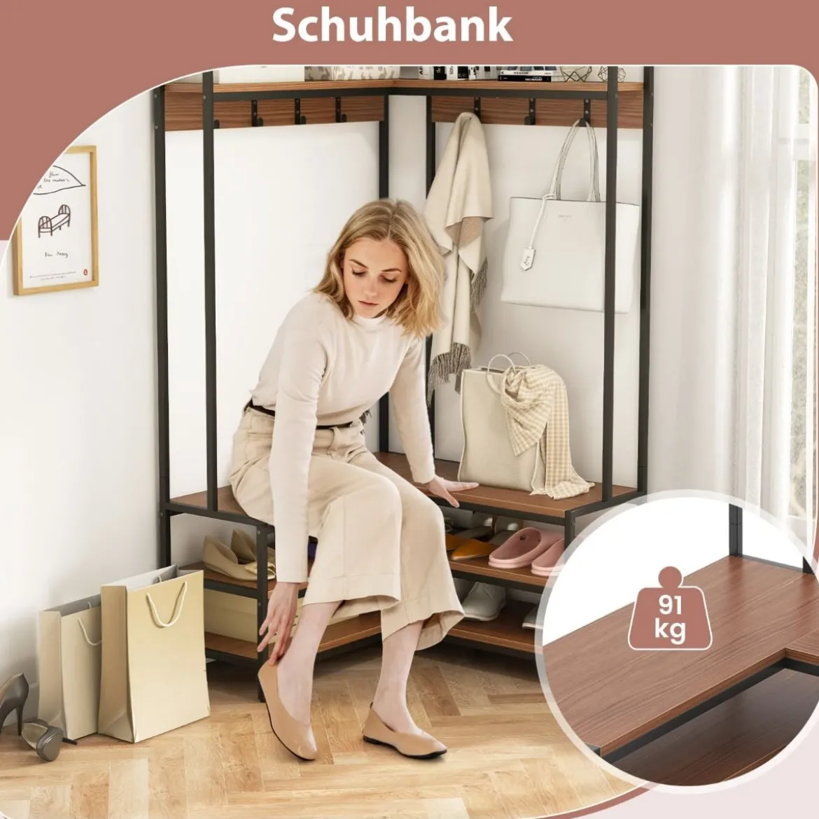 Eck-Garderobenständer mit Sitzbank L-förmiger Kleiderständer mit offenen Ablagen 90 x 90 x 178 cm Rustikales Braun/Walnuss/Weiß