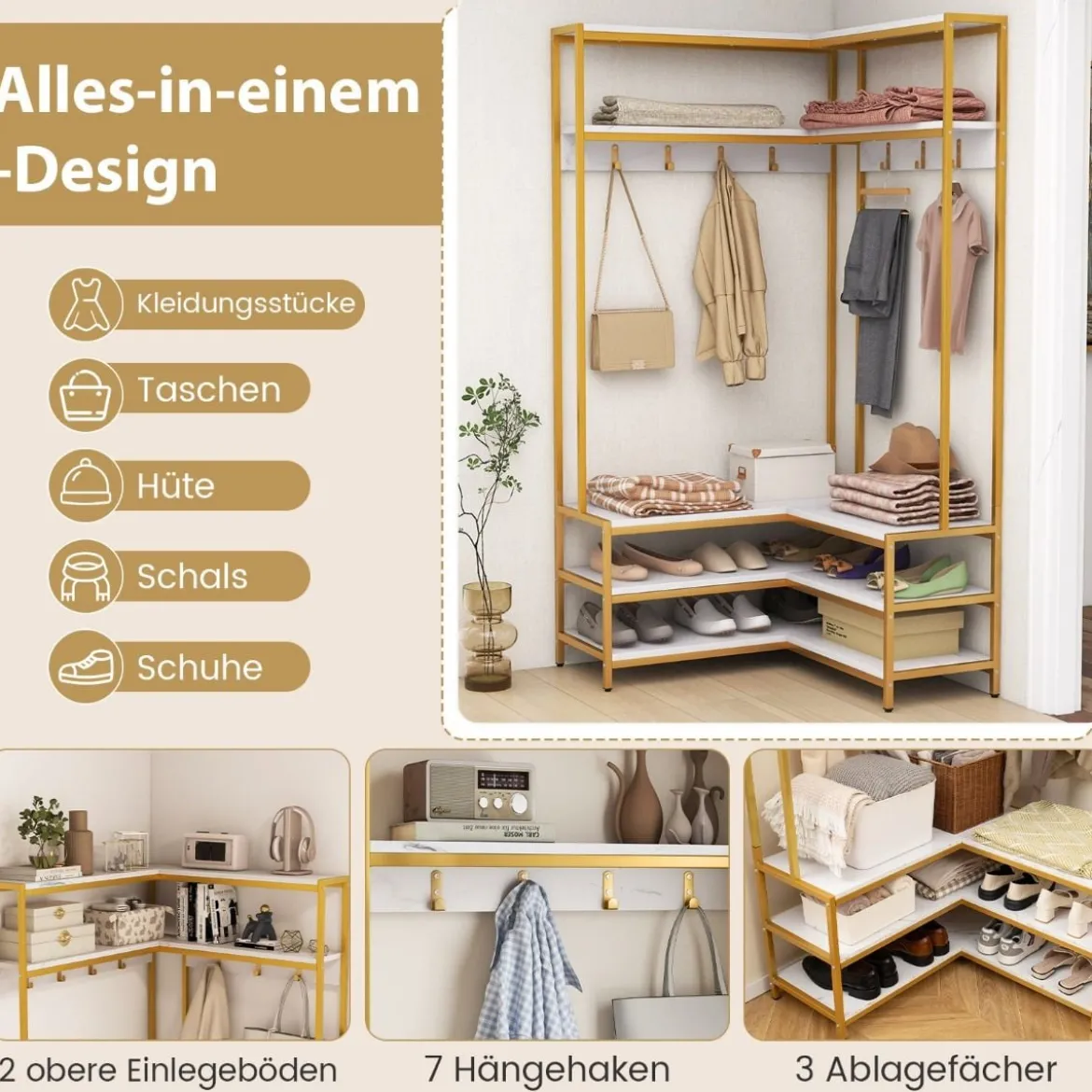 Eck-Garderobenständer mit Sitzbank L-förmiger Kleiderständer mit offenen Ablagen 90 x 90 x 178 cm Rustikales Braun/Walnuss/Weiß