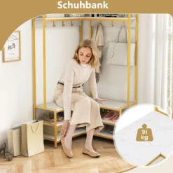 Eck-Garderobenständer mit Sitzbank L-förmiger Kleiderständer mit offenen Ablagen 90 x 90 x 178 cm Rustikales Braun/Walnuss/Weiß