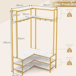 Eck-Garderobenständer mit Sitzbank L-förmiger Kleiderständer mit offenen Ablagen 90 x 90 x 178 cm Rustikales Braun/Walnuss/Weiß