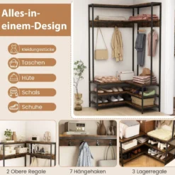 Eck-Garderobenständer mit Sitzbank L-förmiger Kleiderständer mit offenen Ablagen 90 x 90 x 178 cm Rustikales Braun/Walnuss/Weiß