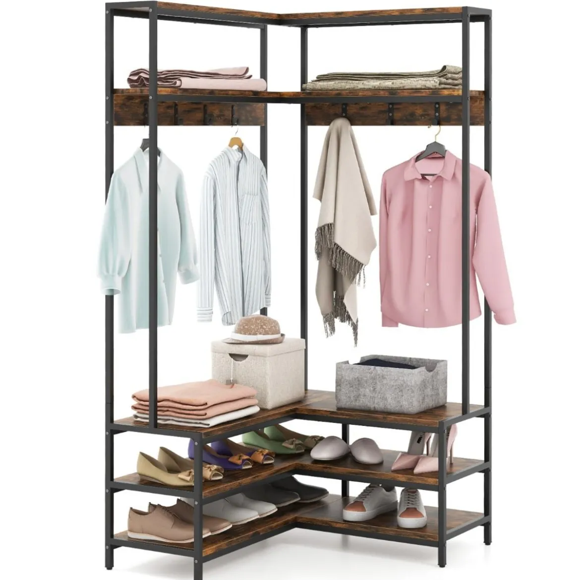 Eck-Garderobenständer mit Sitzbank L-förmiger Kleiderständer mit offenen Ablagen 90 x 90 x 178 cm Rustikales Braun/Walnuss/Weiß