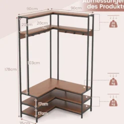 Eck-Garderobenständer mit Sitzbank L-förmiger Kleiderständer mit offenen Ablagen 90 x 90 x 178 cm Rustikales Braun/Walnuss/Weiß