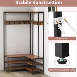Eck-Garderobenständer mit Sitzbank L-förmiger Kleiderständer mit offenen Ablagen 90 x 90 x 178 cm Rustikales Braun/Walnuss/Weiß
