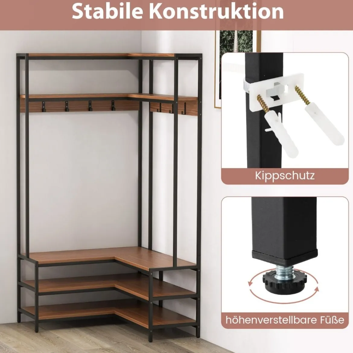 Eck-Garderobenständer mit Sitzbank L-förmiger Kleiderständer mit offenen Ablagen 90 x 90 x 178 cm Rustikales Braun/Walnuss/Weiß