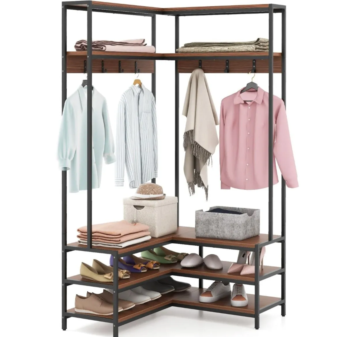 Eck-Garderobenständer mit Sitzbank L-förmiger Kleiderständer mit offenen Ablagen 90 x 90 x 178 cm Rustikales Braun/Walnuss/Weiß