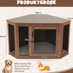 Eck-Haustierkiste Hundezwinger-Endtisch mit Gittertür & Kissen 114 x 59 x 67 cm Braun