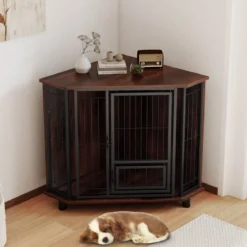 Eck-Hundebox mit Futtertür & Abschließbare Tür Platzsparender Hundekäfig Haustier-Box