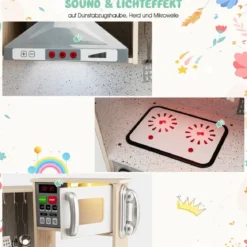 Eckküch Eck Spielküche mit Sound und Licht Kinderküche aus Holz inkl. Spielzubehör Weiß + Natur