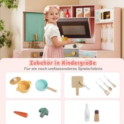 Eckküche mit Lichtern & Geräuschen Holzküche mit herausziehbarem Mülleimer Vorhang Spüle Herd Mikrowelle Rosa