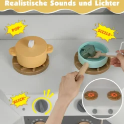 Eckküche mit Lichtern & Geräuschen Holzküche mit herausziehbarem Mülleimer Vorhang Spüle Herd Mikrowelle Grau
